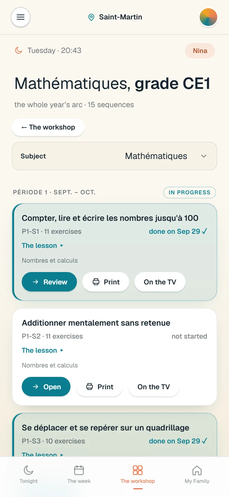Mathématiques, CE1: the year in periods, two sequences marked done, the next one ready to open.