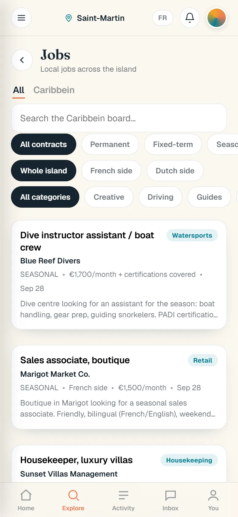 Jobs: the Caribbein board, with filters by contract, side of the island and category.