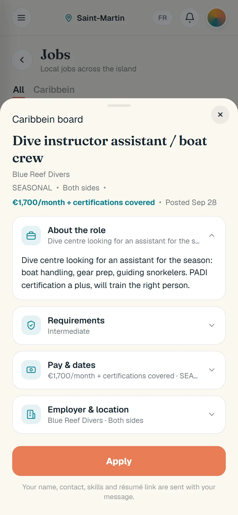 A job offer opened in the app: the role, pay and dates, the employer, and an Apply button.