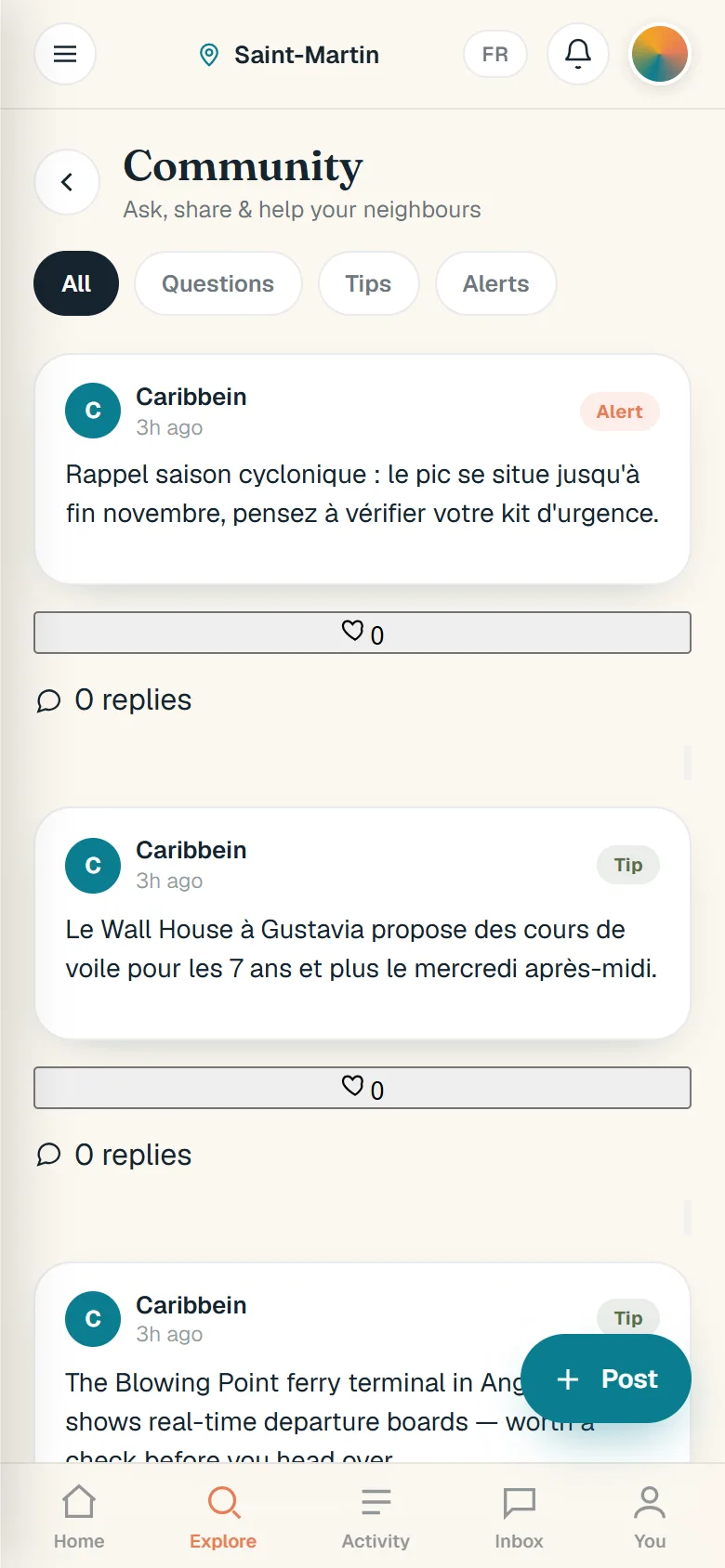 Community: the feed, filterable by questions, tips and alerts, with posts from the Caribbein team and a Post button.