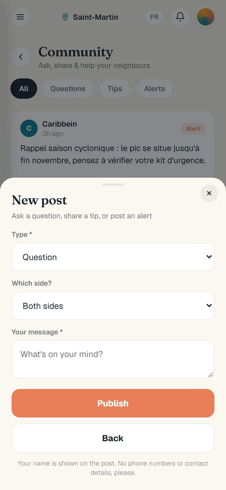 The New post form: the type (question, tip or alert), which side of the island, the message, and a note to leave out phone numbers and contact details.