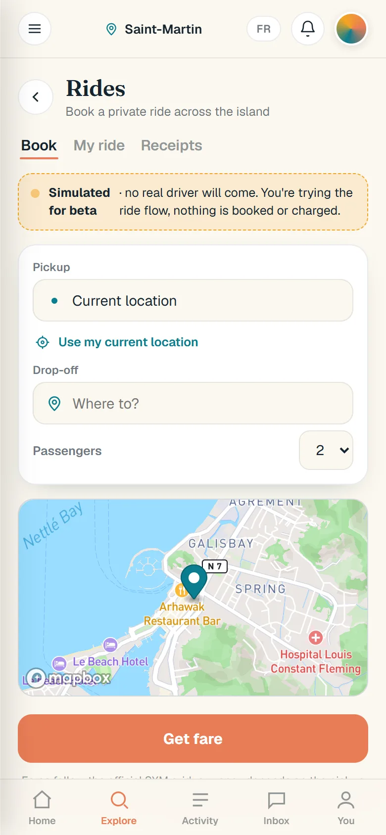 Rides: the booking form with pickup, drop-off, passengers and a map, under a banner that says the flow is simulated for the beta.