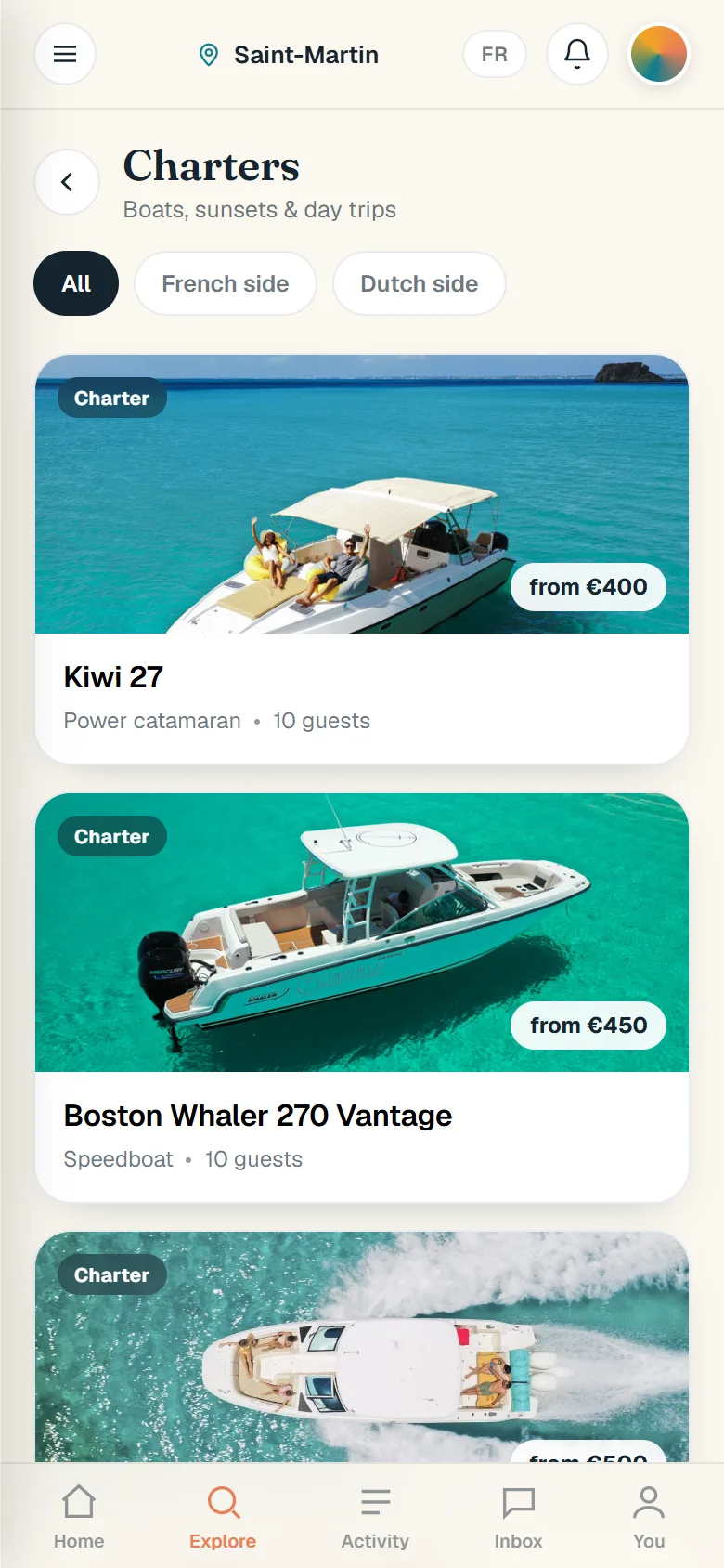 Charters: a list of boats with photos, type, guests and a starting price.