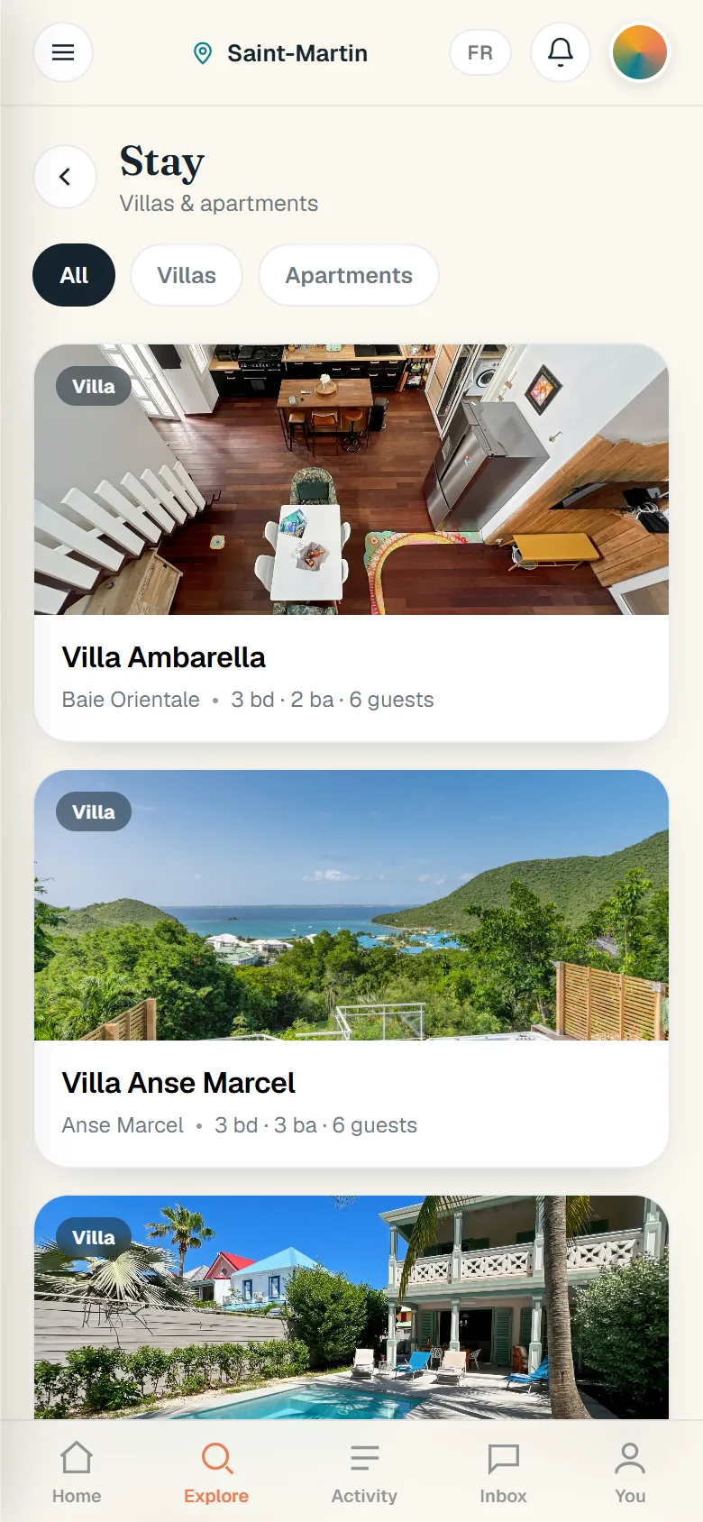 Stay: villas listed with photos, area, bedrooms, bathrooms and guests.