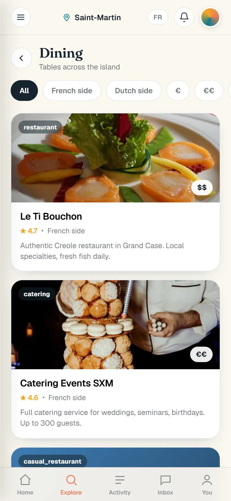 Dining: restaurants and caterers with photos, budget, rating and side of the island.