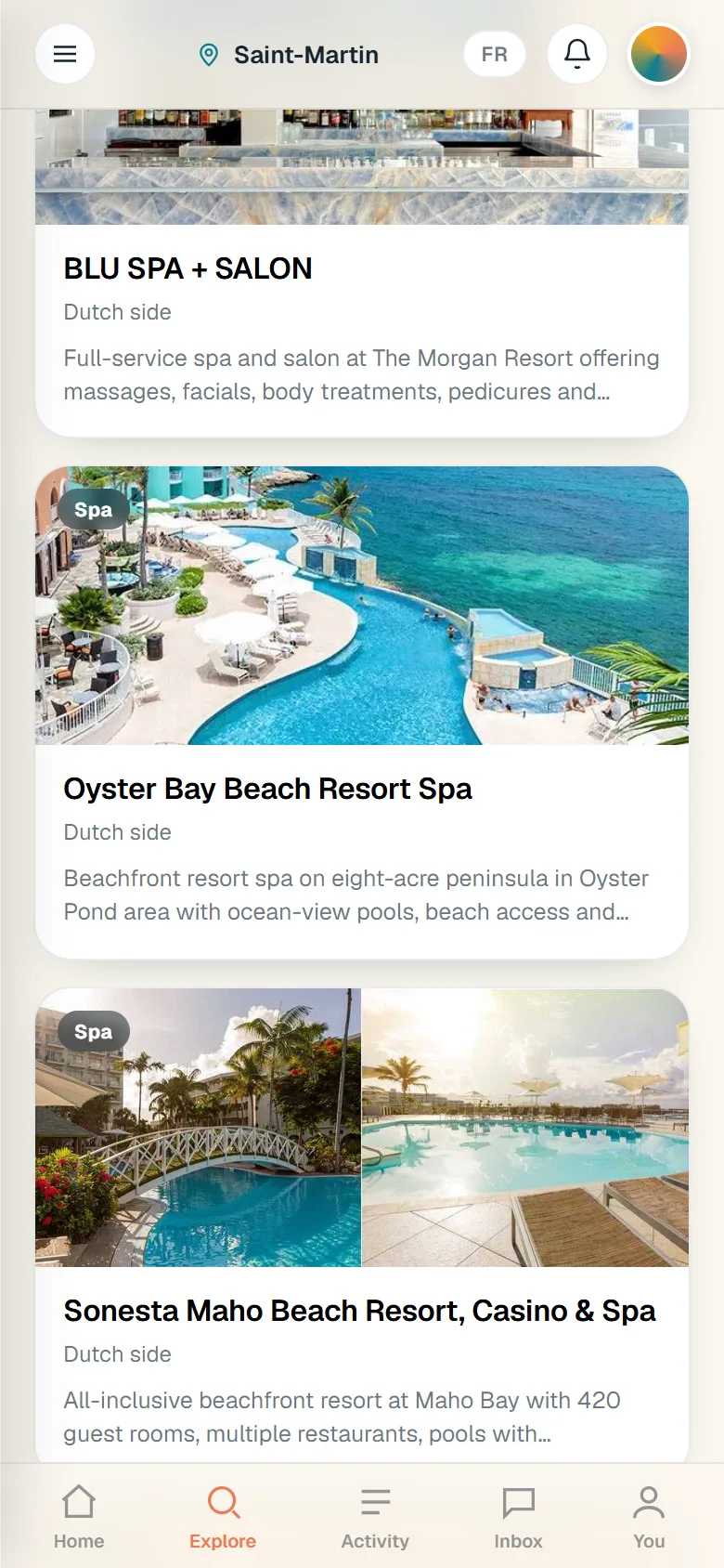 Wellness filtered to spas: resort spas on the Dutch side, each with its photo, side of the island and a short description.