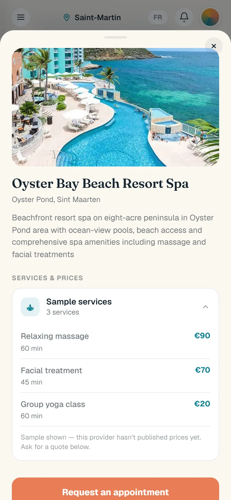 Oyster Bay Beach Resort Spa opened: its photo and description, services marked as samples with durations and prices, and a Request an appointment button.