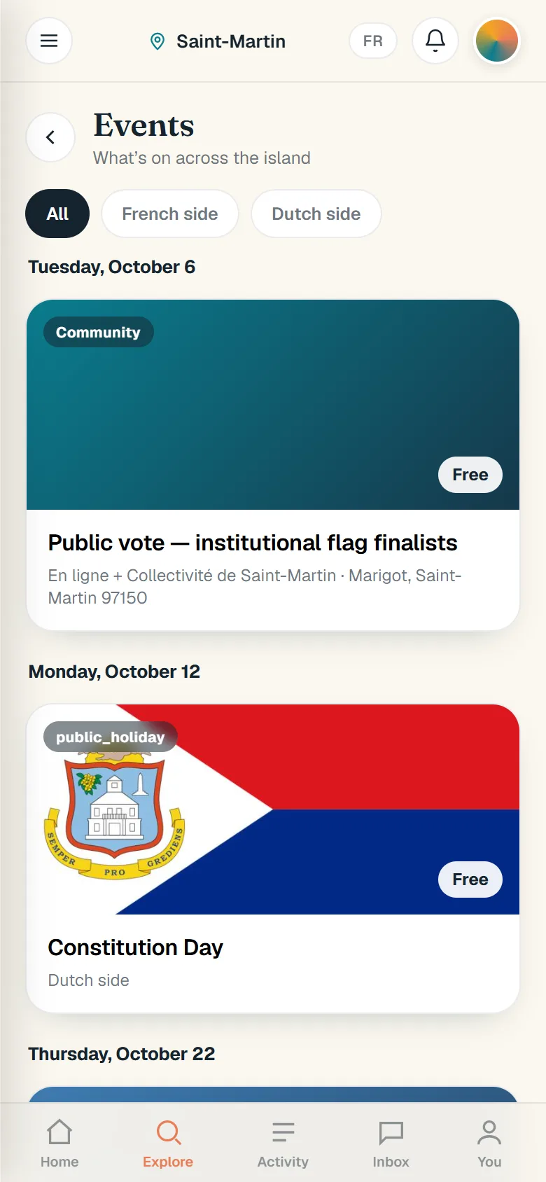 Events: a list grouped by date, with a community vote and a public holiday marked as free.