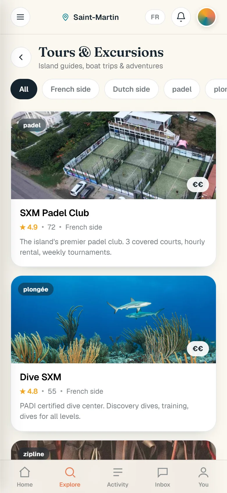 Tours and excursions: activity filters and cards for a padel club and a dive centre.