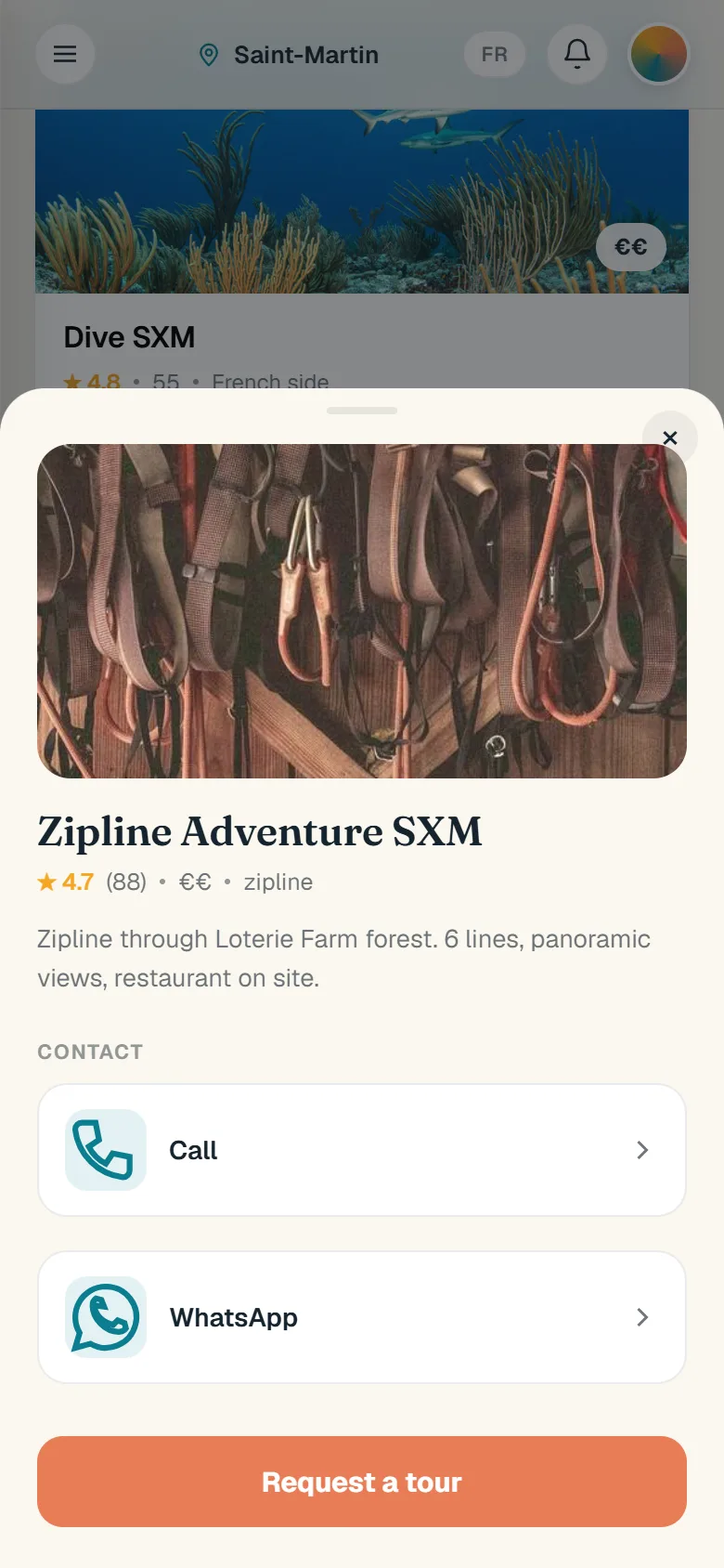 A zipline opened: rating, description, Call and WhatsApp buttons and Request a tour.