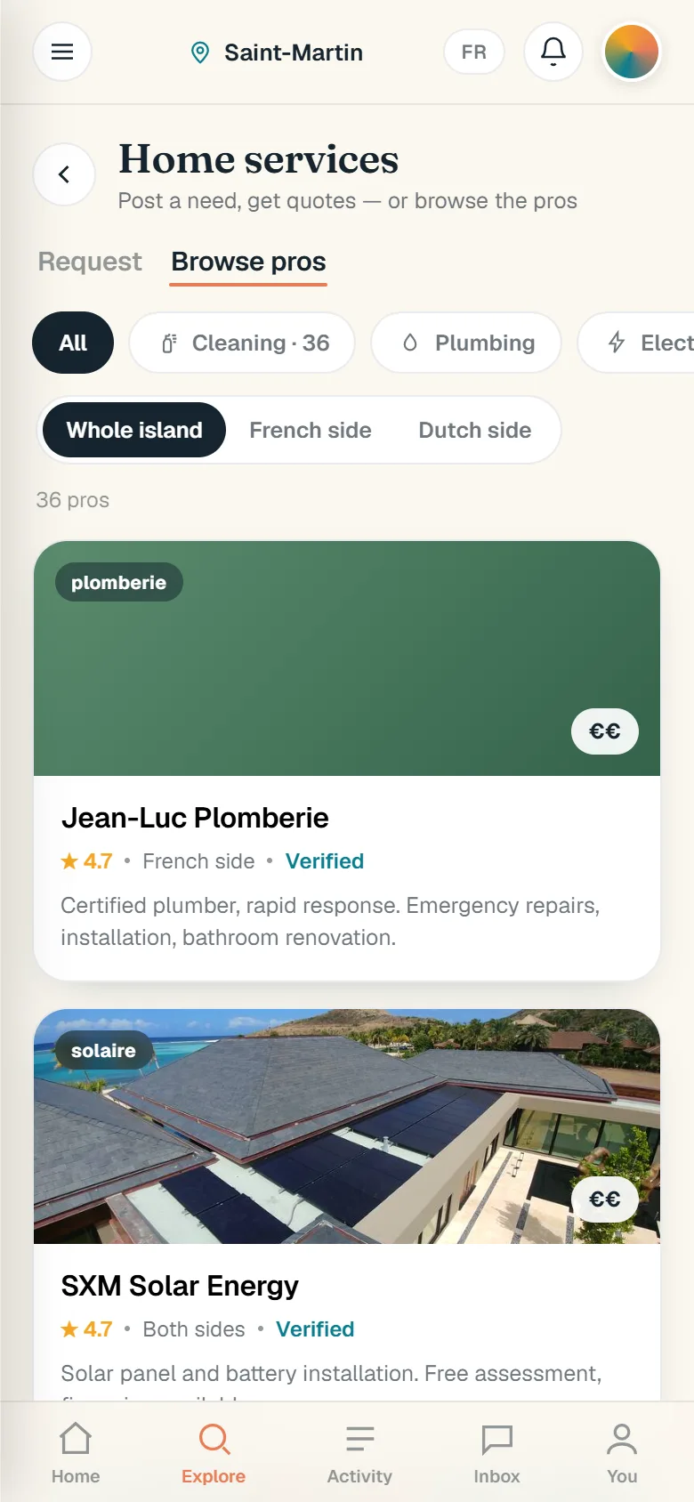 Explorar profesionales: filtros por oficio y profesionales verificados con valoración y lado de la isla.
