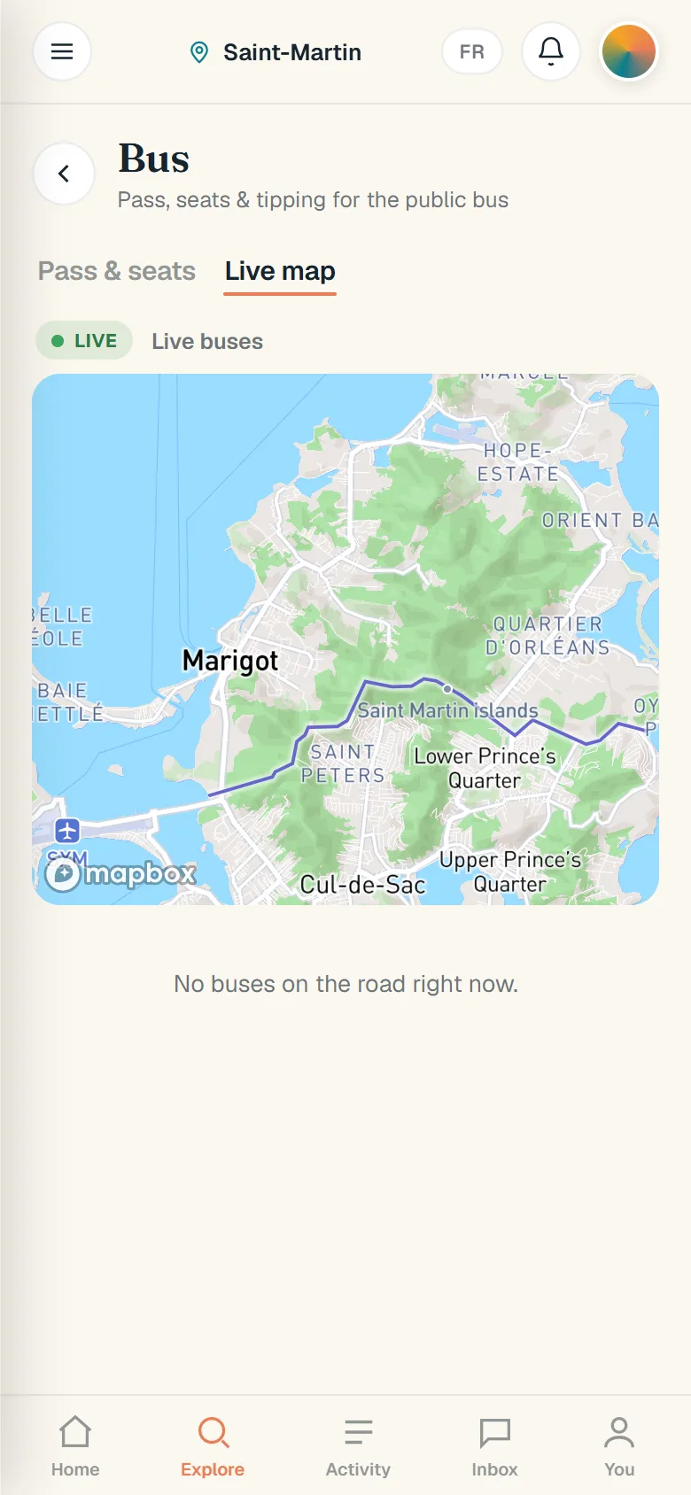 Bus: the live map of the island, showing the buses on the road.