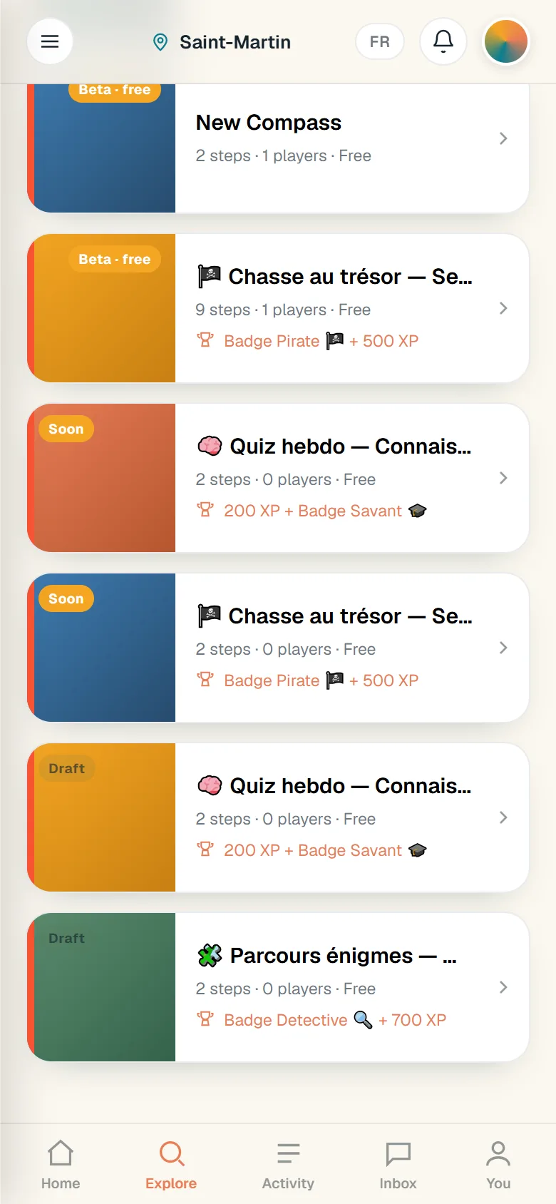 Quests: a list of treasure hunts and quizzes with their steps, players and prizes.
