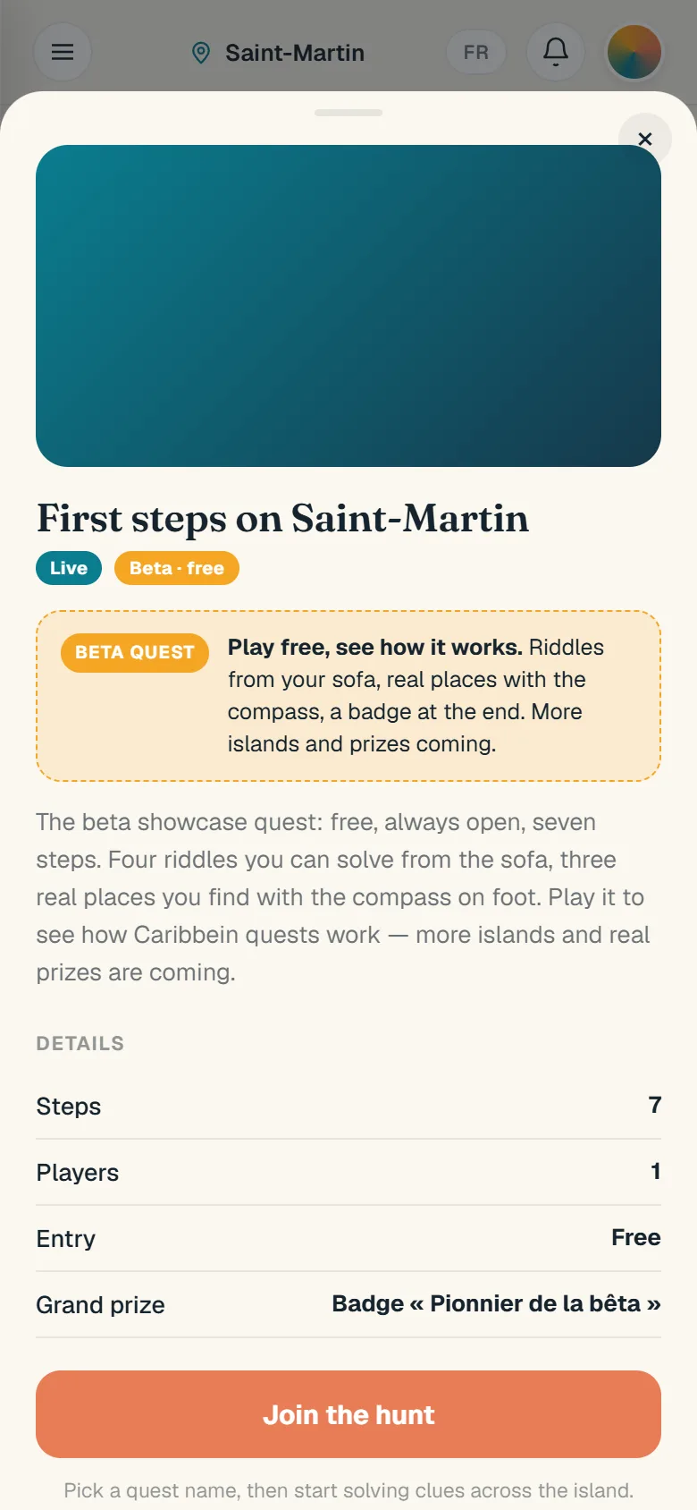 The free beta quest opened: seven steps, four riddles from the sofa and three real places found with the compass, a badge as the prize, and a Join the hunt button.