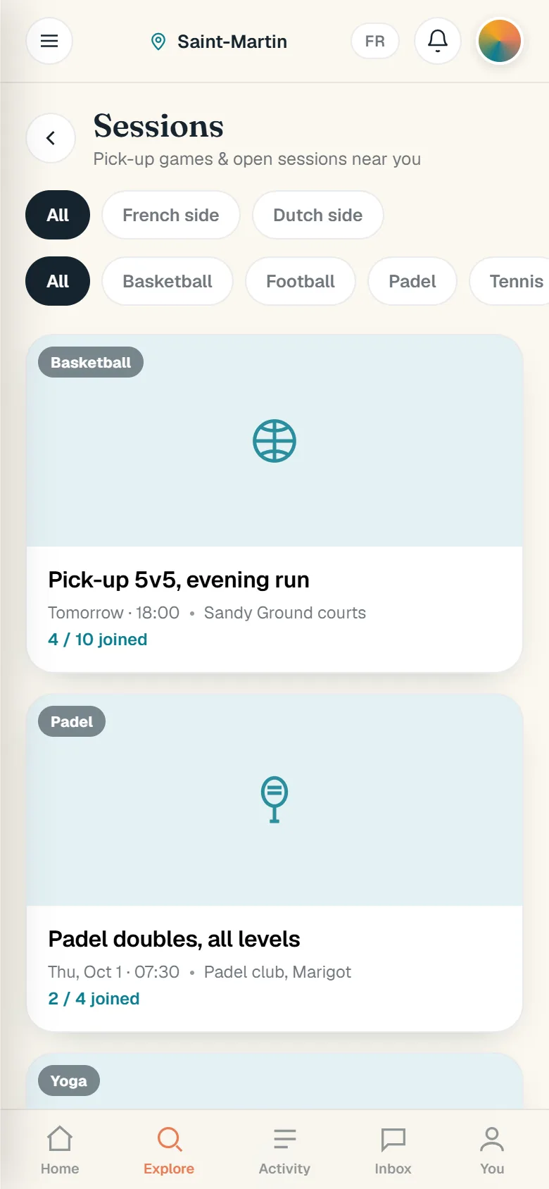 Sessions: pick-up games and open sessions with sport, time, place and how many have joined, filterable by side and sport.