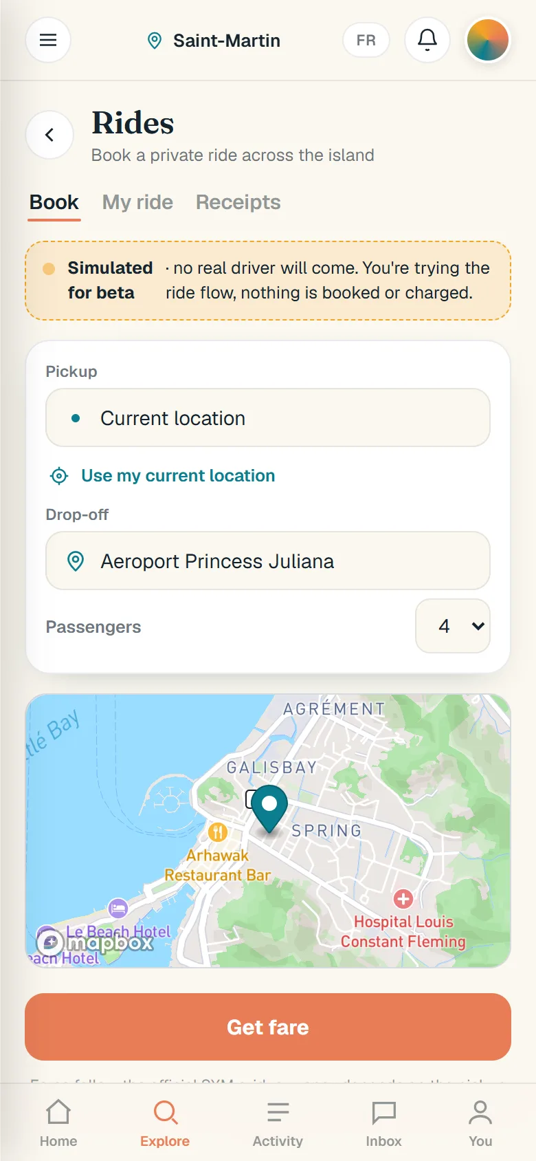 Rides: the booking form with a drop-off at the airport, four passengers and the pickup point on a map, under the Simulated for beta banner.