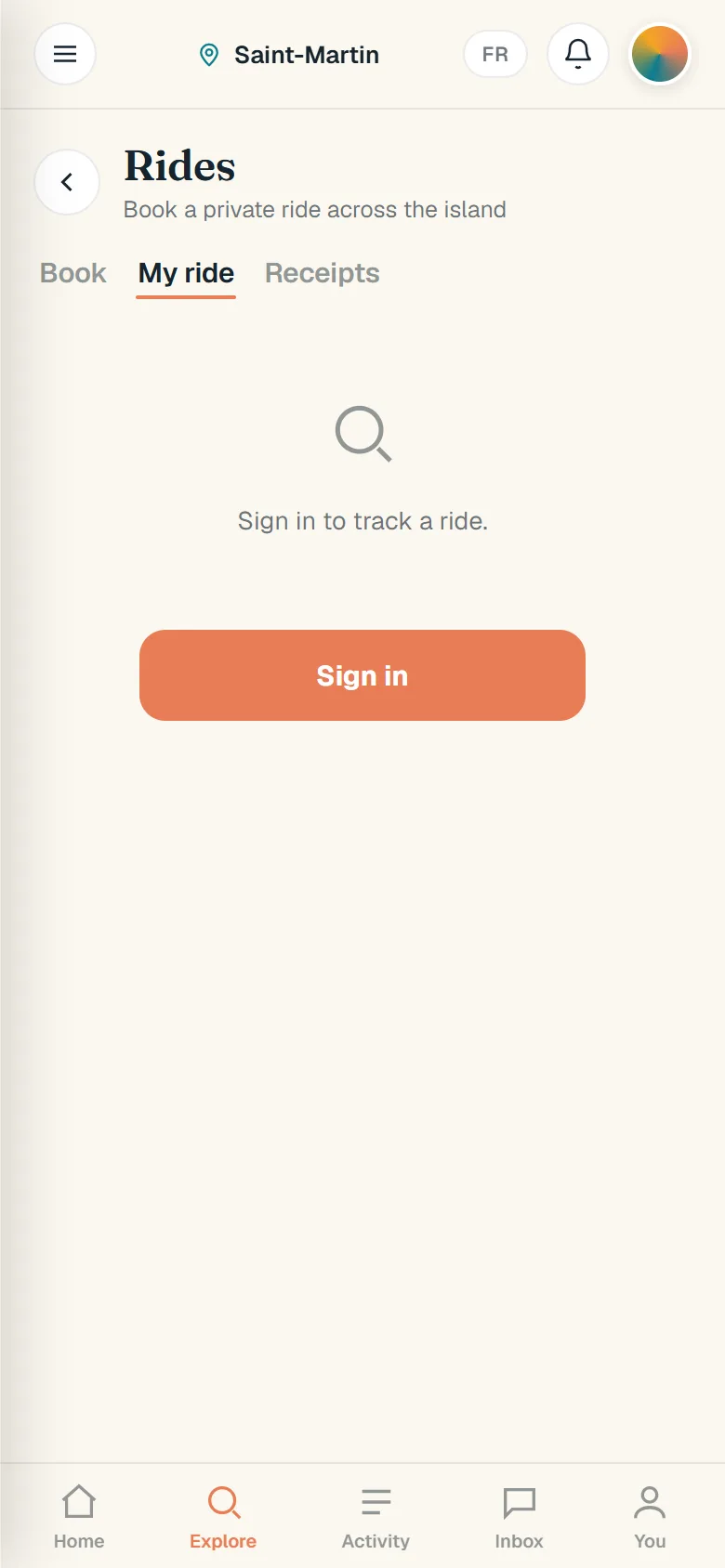 The My ride tab, asking a guest to sign in to track a ride.