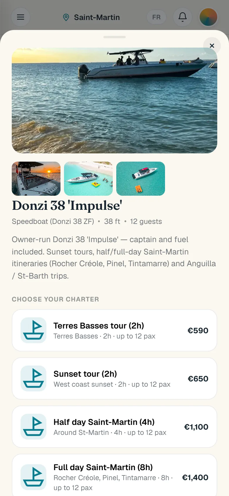 A speedboat opened on Choose your charter: four options from a two-hour tour to a full day, each with its route, group size and price.