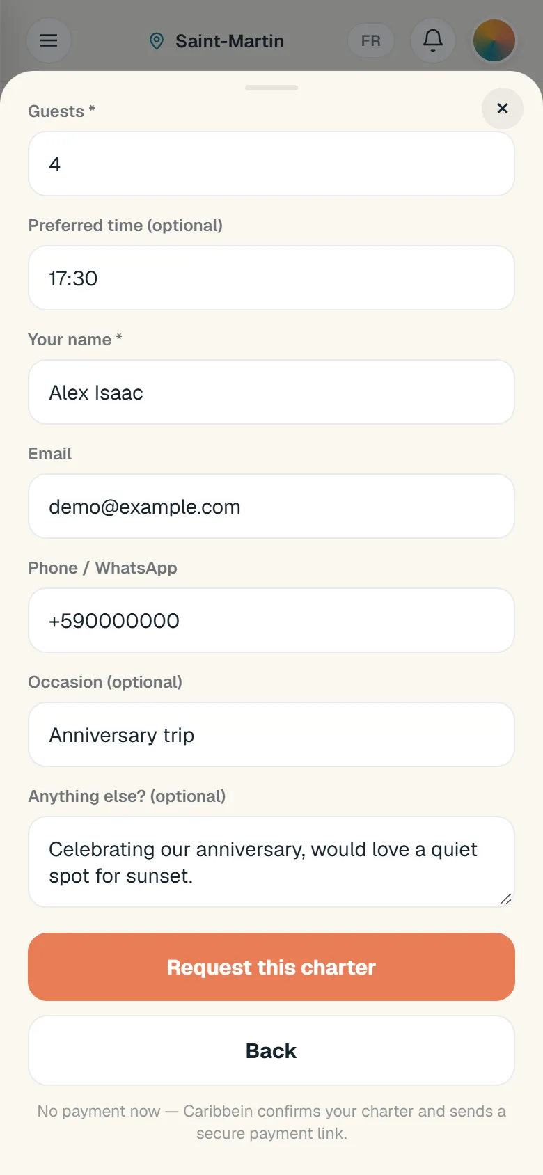 The charter request filled with a fictional example and a Request this charter button, not pressed.