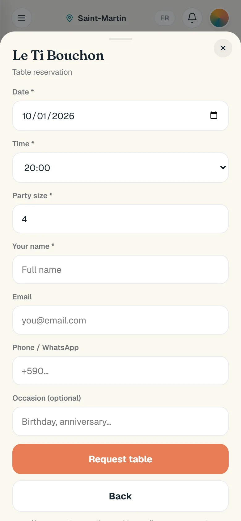 The table reservation form: date, time and party size.