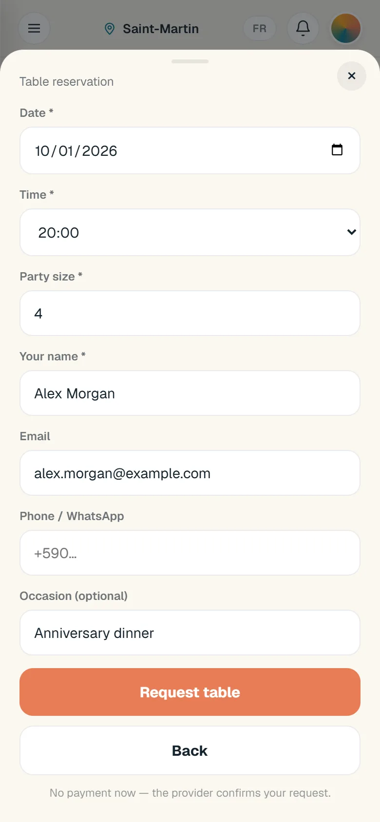 The reservation filled with a fictional example and a Request table button, not pressed. The app notes that nothing is paid now and the restaurant confirms.