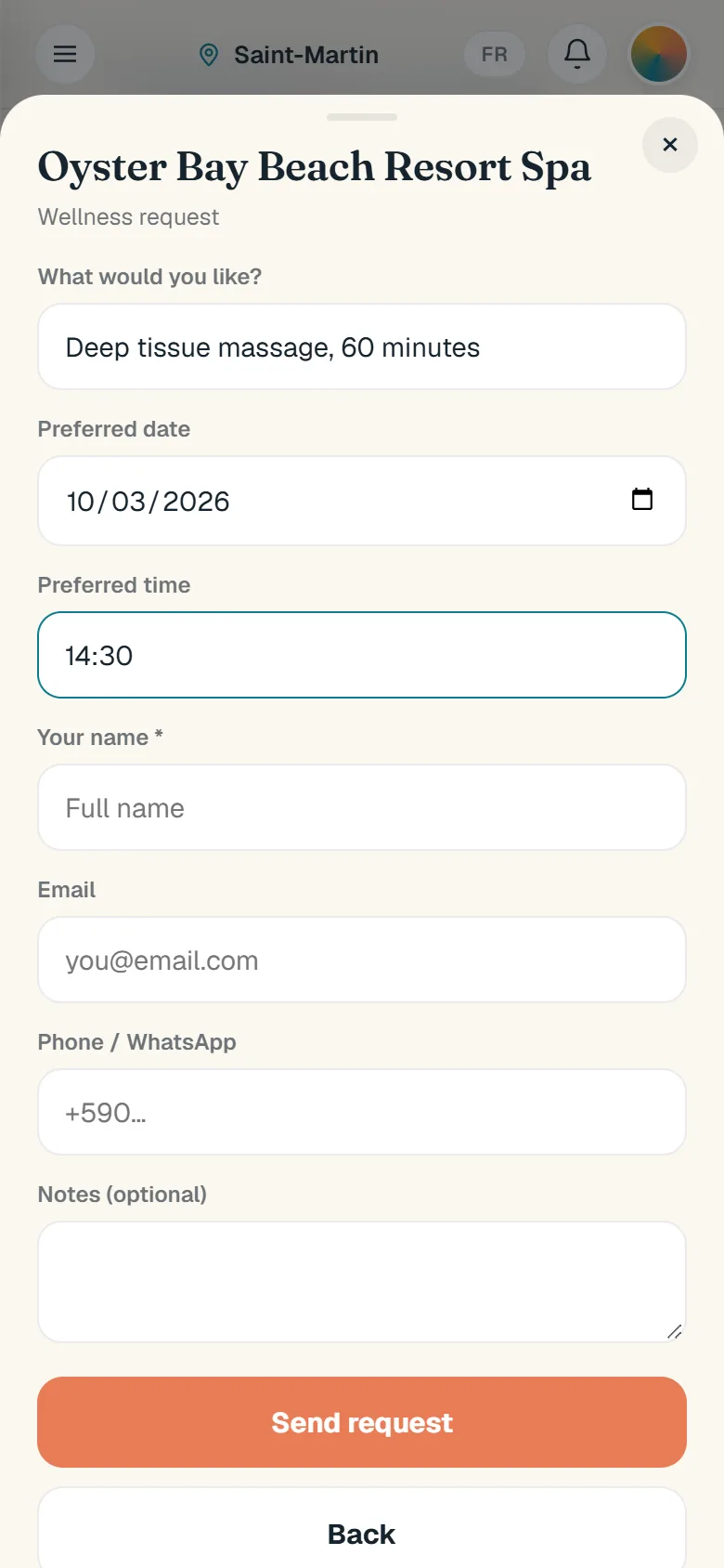 The same spa’s request form: the service wanted, a date and a time.