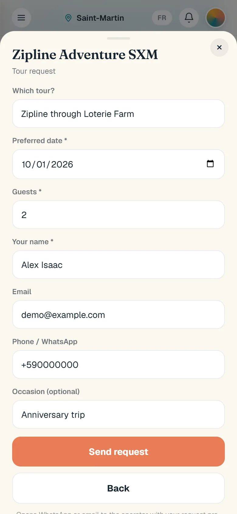 The tour request filled with a fictional example and a Send request button, not pressed.