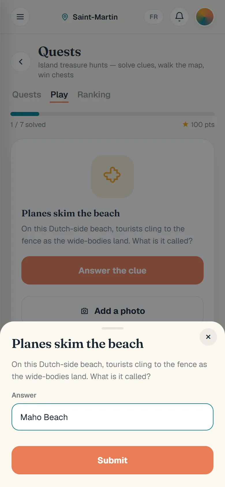 The answer sheet for the riddle, with Maho Beach typed in and a Submit button, not pressed.