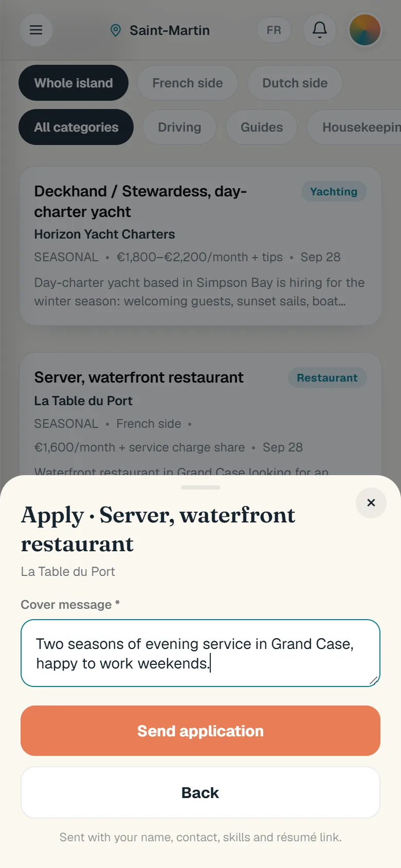 The apply form after the profile is saved: a short cover message typed, Send application not pressed, and the note that name, contact, skills and résumé link go with it.