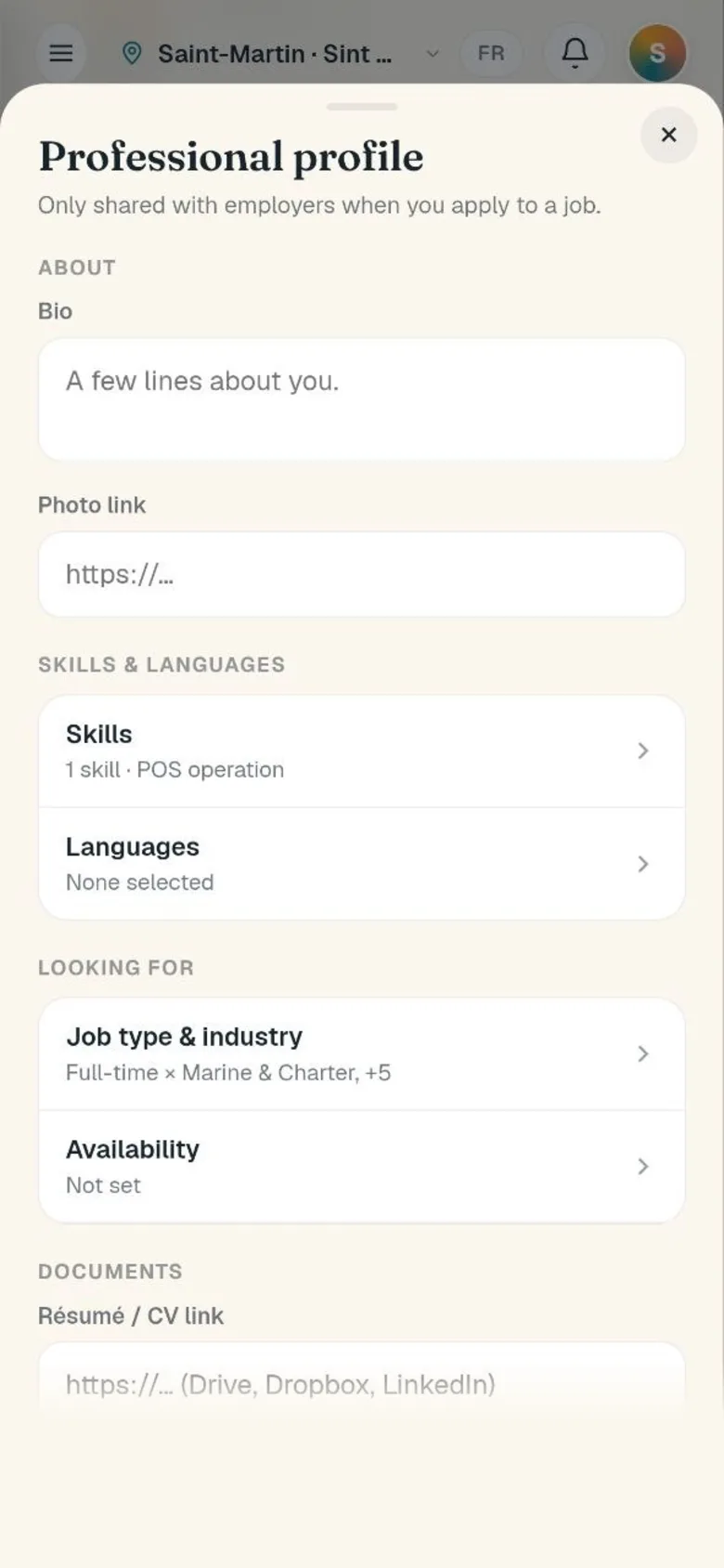 The Professional profile sheet, which says it is only shared with employers when you apply: bio and photo link, skills and languages, job type and industry, availability, and a résumé link. It holds test entries from a team account.