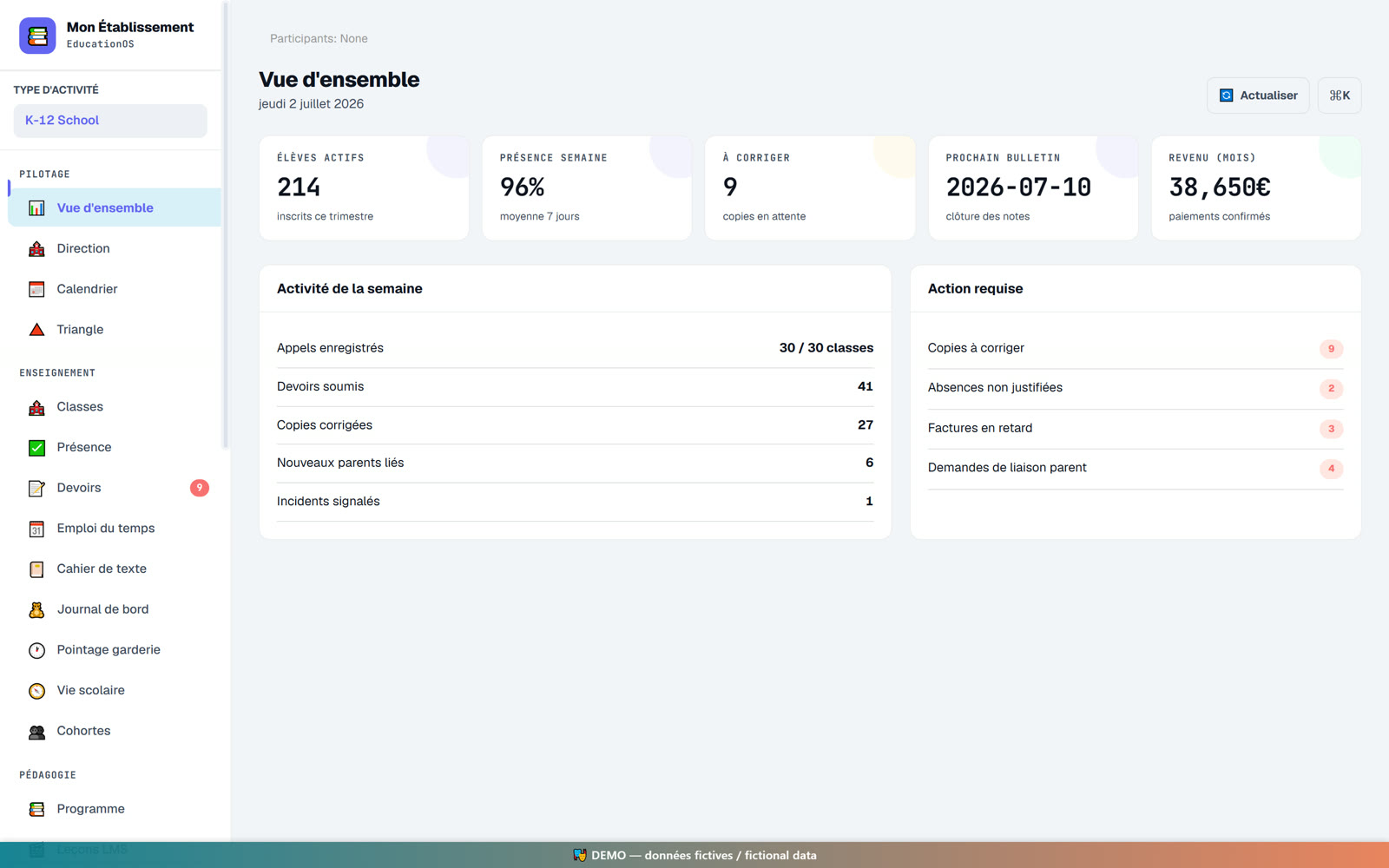 EducationOS dashboard — timetable, classes and grades for a fictional demo school